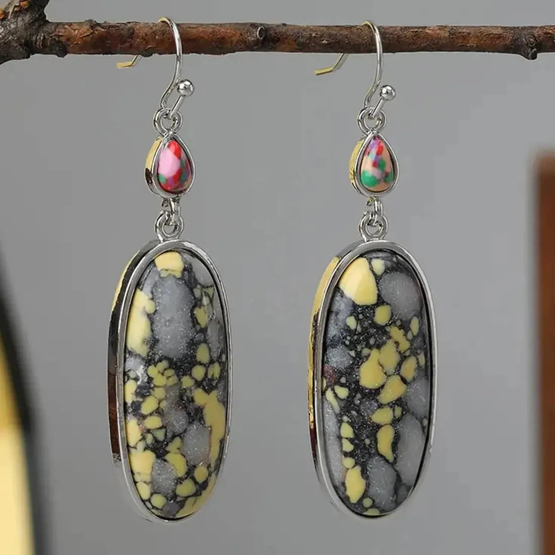 Vintage Geometric Synthetic Gemstone Long Pendant Earrings Bohemian Jewelry