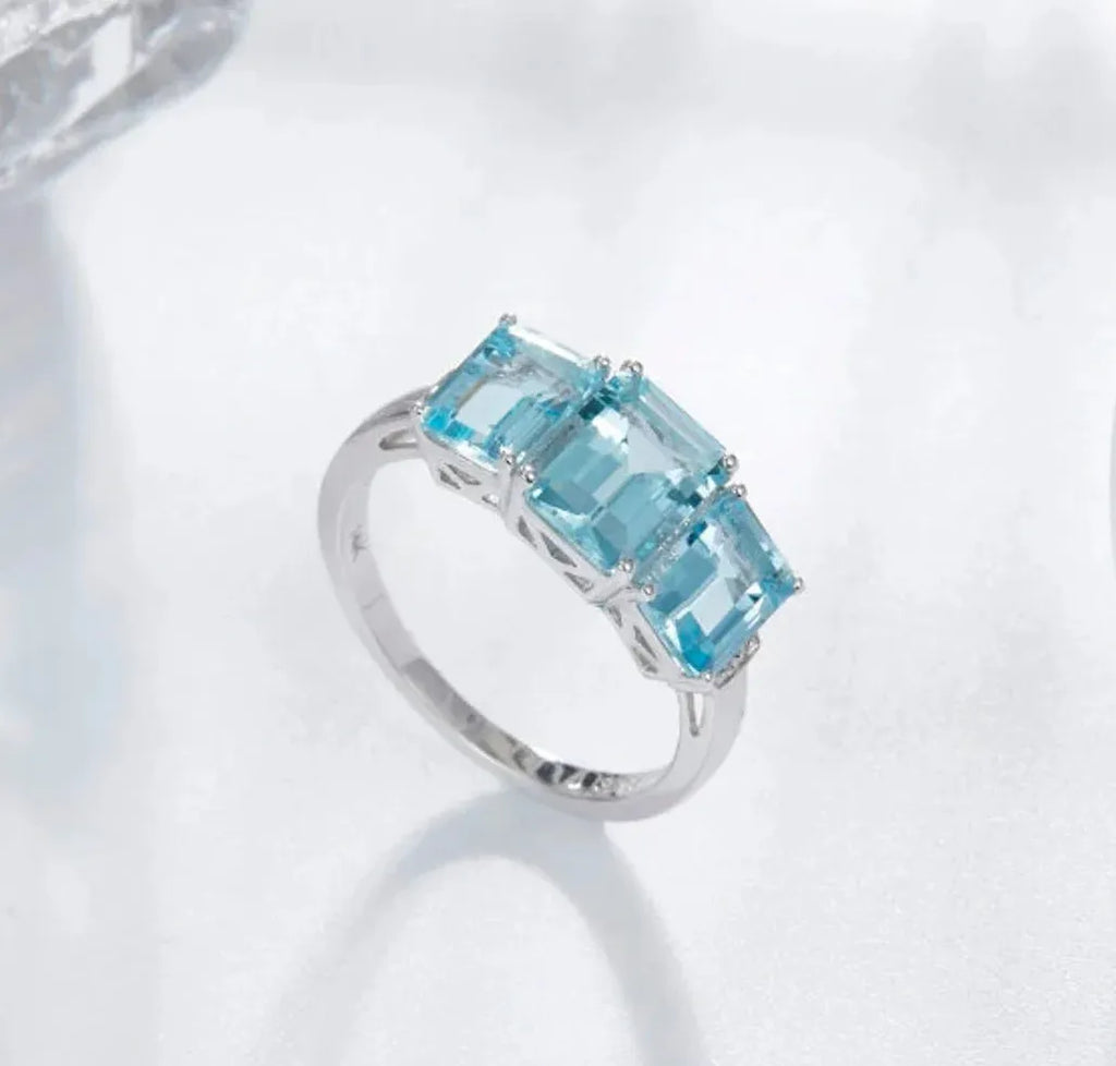 Silver Aquamarine Gemstone Ring for Women Zinc Alloy Wedding Party Jewelry Gift