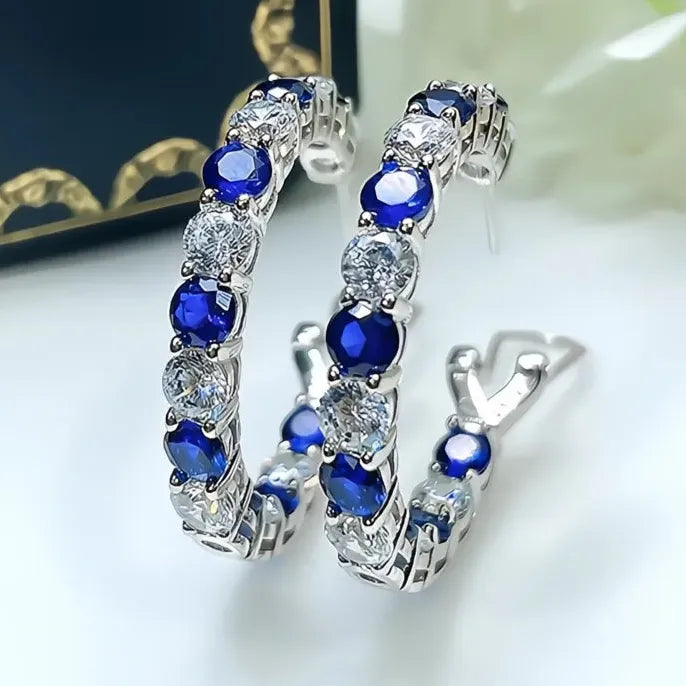 Geometric Hoop Earrings with Green Blue Cubic Zirconia in Copper Alloy