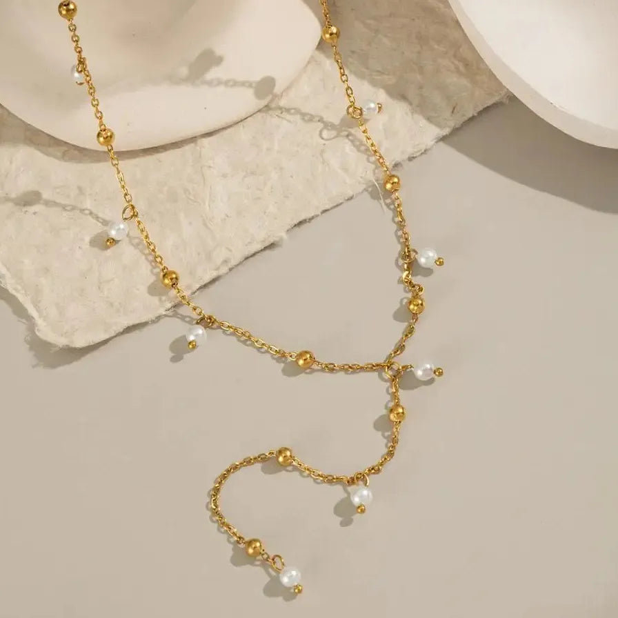 Vintage Gold Stainless Steel Pearl Circle Pendant Y-Shaped Long Chain Necklace Women