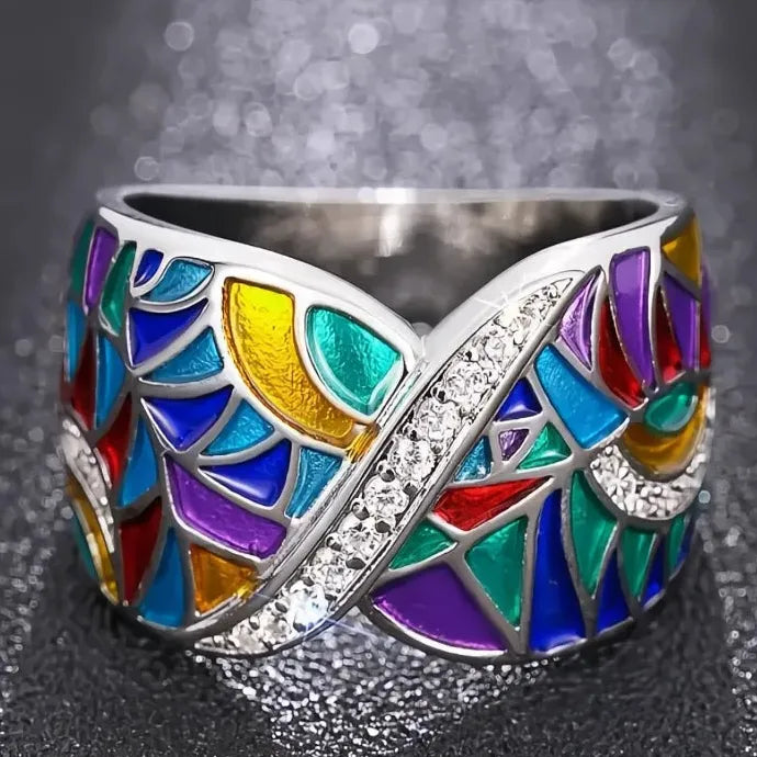 Colorful Women’s Geometric Brass Ring with Shining Cubic Zirconia Jewelry