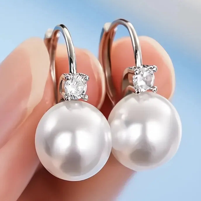 Elegant Copper Alloy Pearl Drop Earrings for Women with Shiny CZ Inlay, Trendy Geometric Design for Wedding Engagement