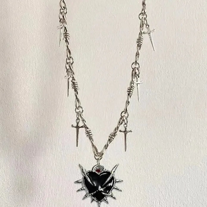 Black Heart Pendant Necklace Women Gothic Y2K Punk Cross Thorn Zinc Alloy Gift