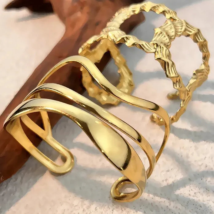 18K Gold Plated 316L Stainless Steel Hollow Ripple Opening Bangle Bracelet Women Punk Jewelry