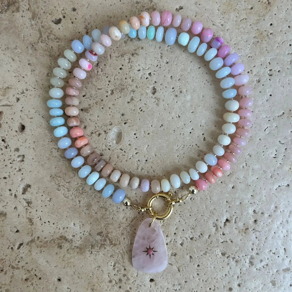 Handmade Multi Colored Rice Bead Natural Stone Geometric Pendant Choker Necklace