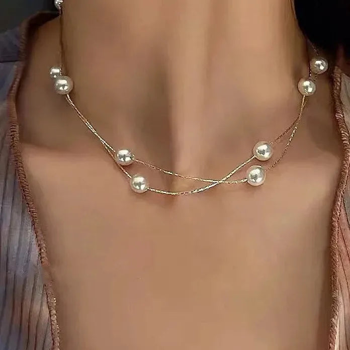 Imitation Pearl Choker Necklace for Women Double Layer Gold Chain Circle Pendant Gift