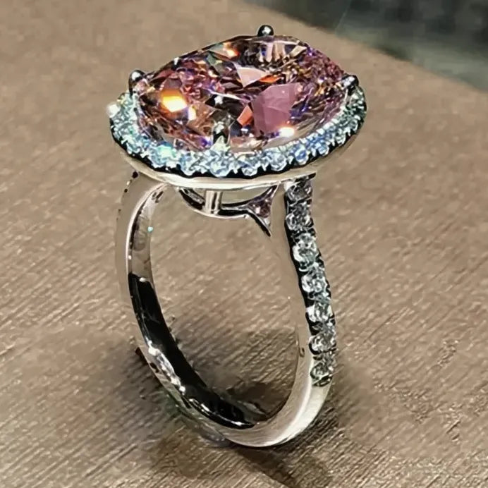 Silver Pink Cubic Zirconia Geometric Wedding Engagement Ring for Women