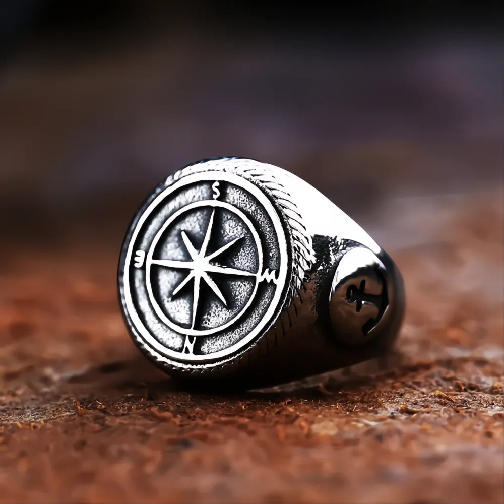 Vintage Stainless Steel Viking Compass Ring Men Nordic Pirate Sailor Amulet Jewelry Gift