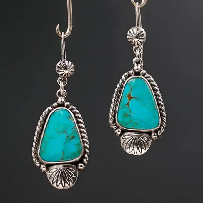 Women’s Blue Resin Inlaid Retro Handmade Metal Pendant Drop Earrings