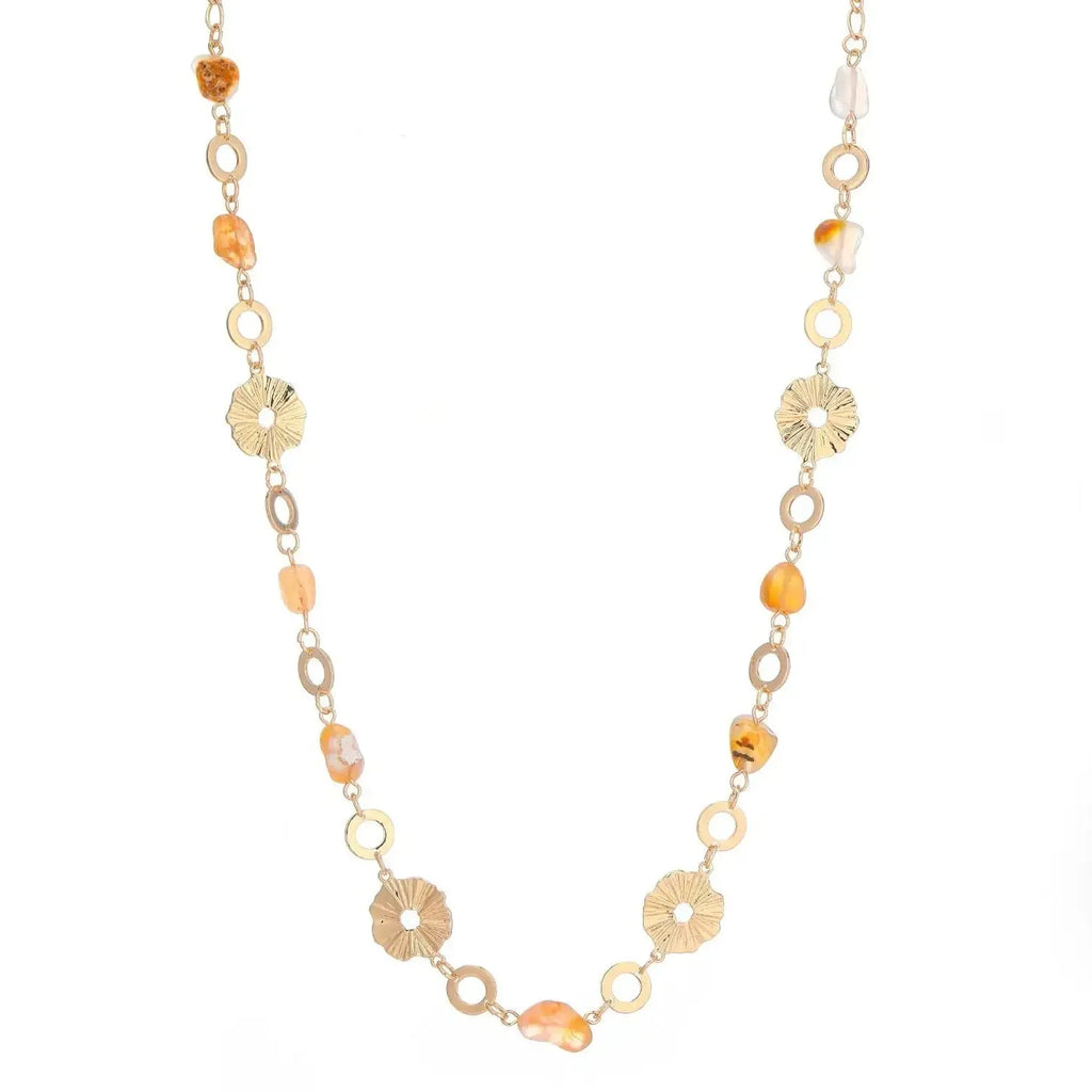 Boho Gold Plated Stainless Steel Long Chain Necklace Featuring Natural Stone Beads