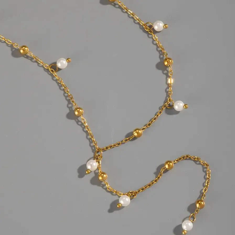 Vintage Gold Stainless Steel Pearl Circle Pendant Y-Shaped Long Chain Necklace Women