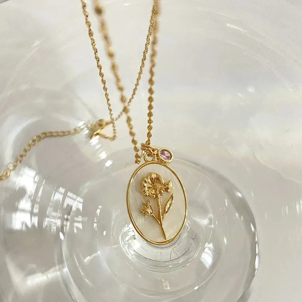 12 Month Birthday Flower Pendant Necklace Stainless Steel White Shell Choker Jewelry