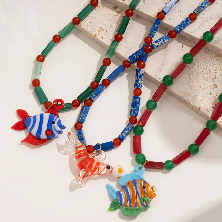 18k Gold Plated Lobster Fish Pendant Necklace Natural Stone Beads Handmade Jewelry