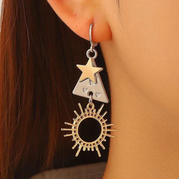 Vintage Zinc Alloy Geometric Sun Star Heart Triangle Drop Earrings Gift