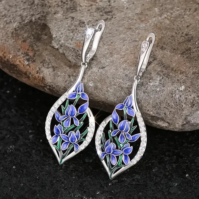 Luxury Blue Flower Cubic Zirconia Drop Earrings for Women Wedding Jewelry