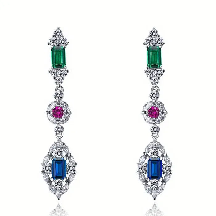 Geometric Green CZ Dangle Earrings for Women Copper Drop Wedding Jewelry