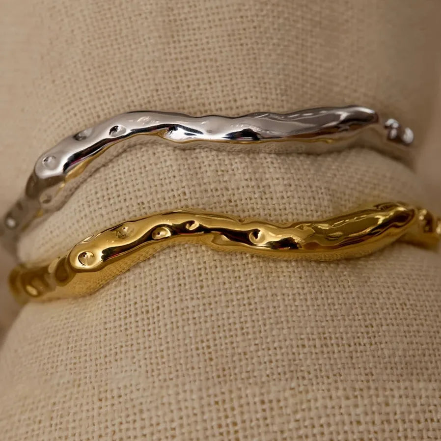 18K Gold Plated Stainless Steel Geometric Ripple Twist Open Cuff Bracelet Women