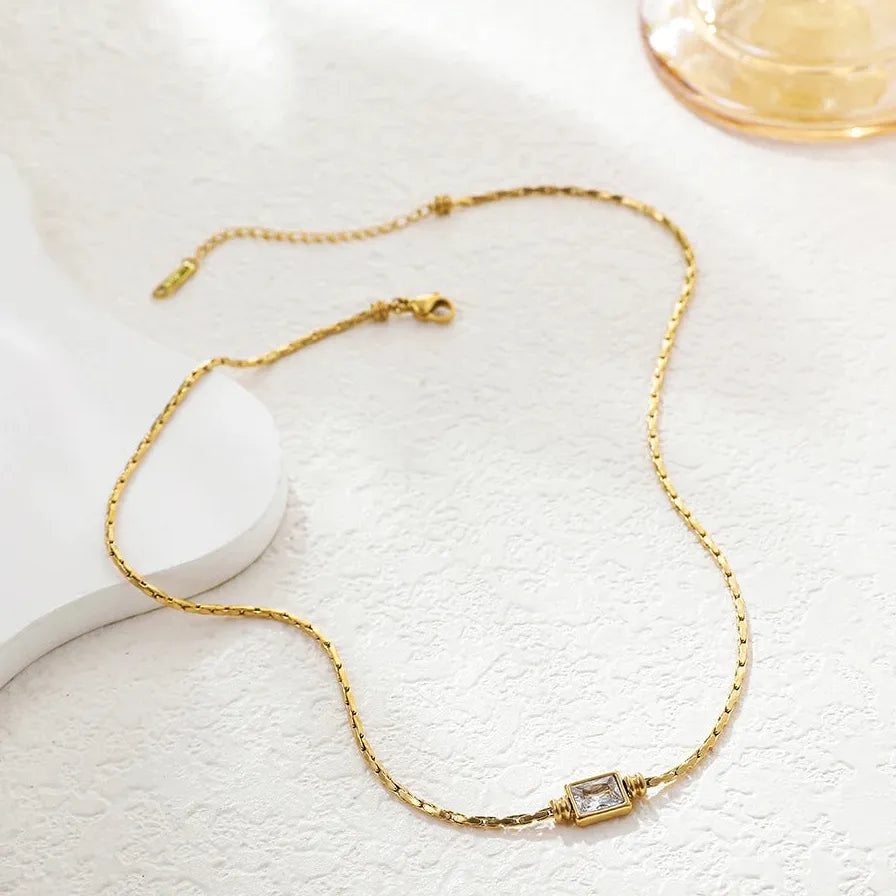 18K Gold Plated Crystal Zircon Geometric Snake Chain Choker Necklace for Women