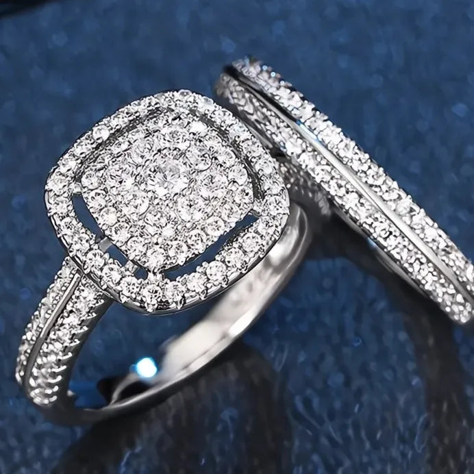 Elegant Classic Silver Brass Wedding Rings Set with Cubic Zirconia for Women