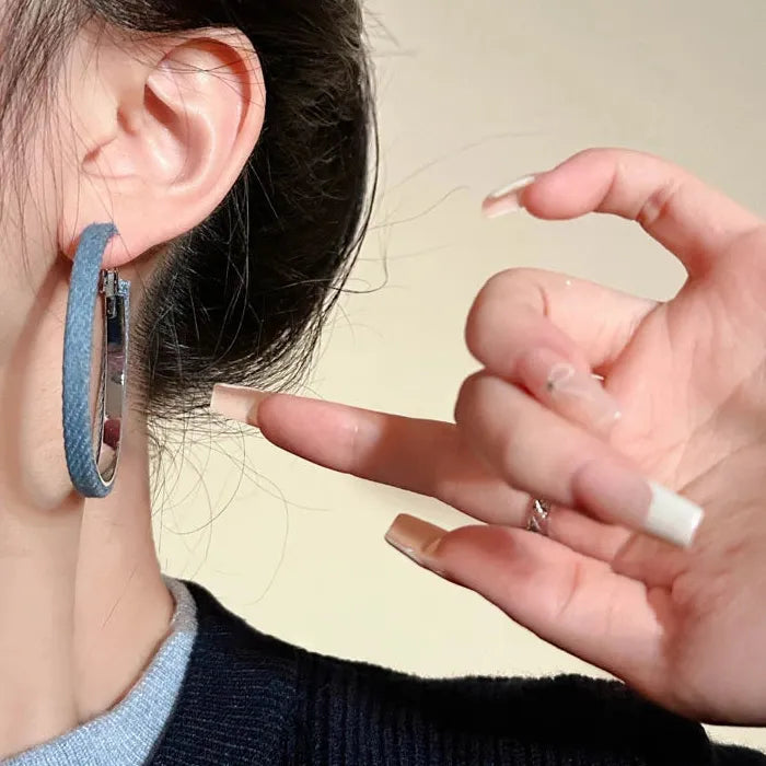 Vintage Blue Denim Zinc Alloy Round Hoop Earrings for Women Gift