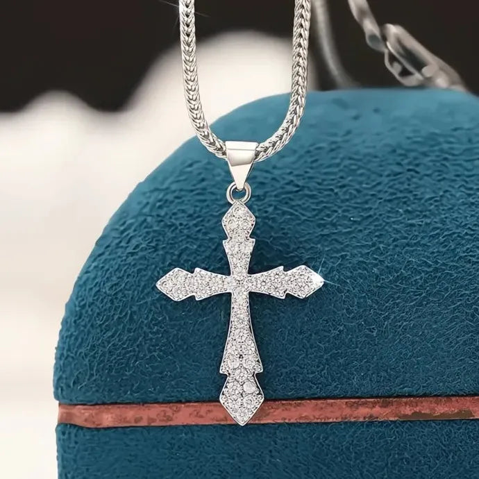 Women Silver Cross Pendant Necklace CZ Shining Party Jewelry Copper Alloy