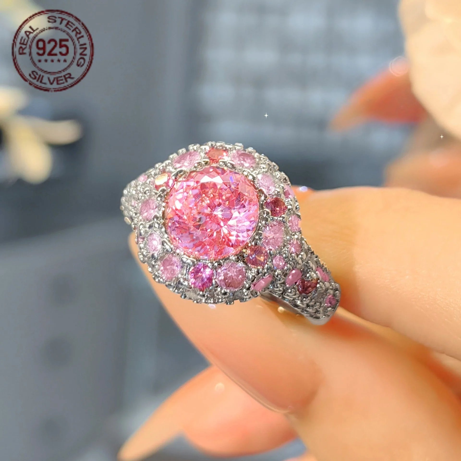 2026 Delicate High Carbon Pink Zircon 925 Sterling Silver Wedding Band – White Gold Plated