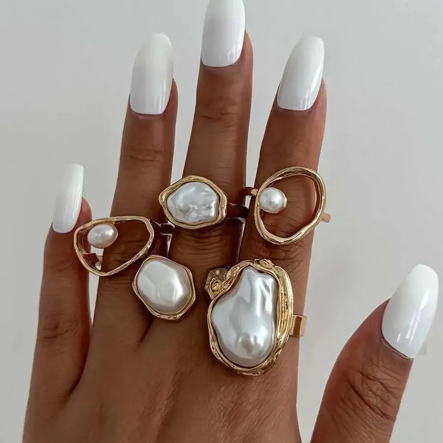 5Pcs Retro Baroque Pearl Asymmetric Geometric Gold Rings Set for Women Jewelry
