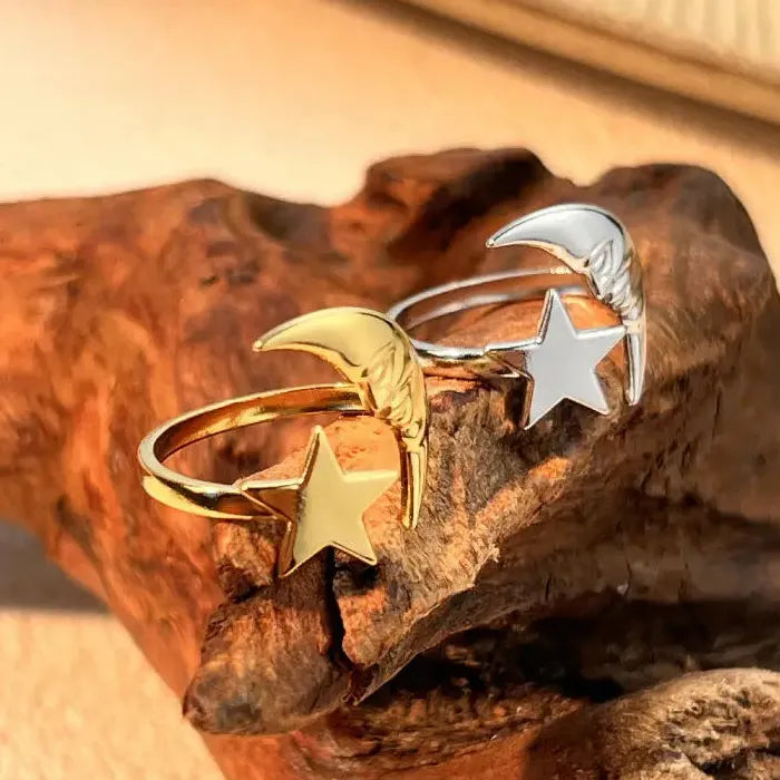 Adjustable Stainless Steel Moon Star Open Ring Unisex Gold Silver Gift Jewelry