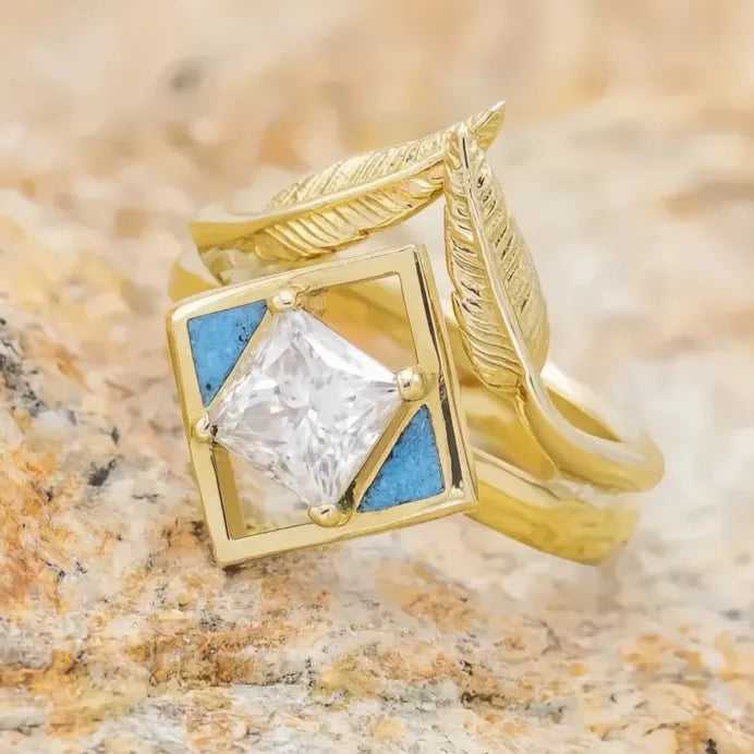Luxury Feather Design Ring with Princess Cut Cubic Zirconia for Women