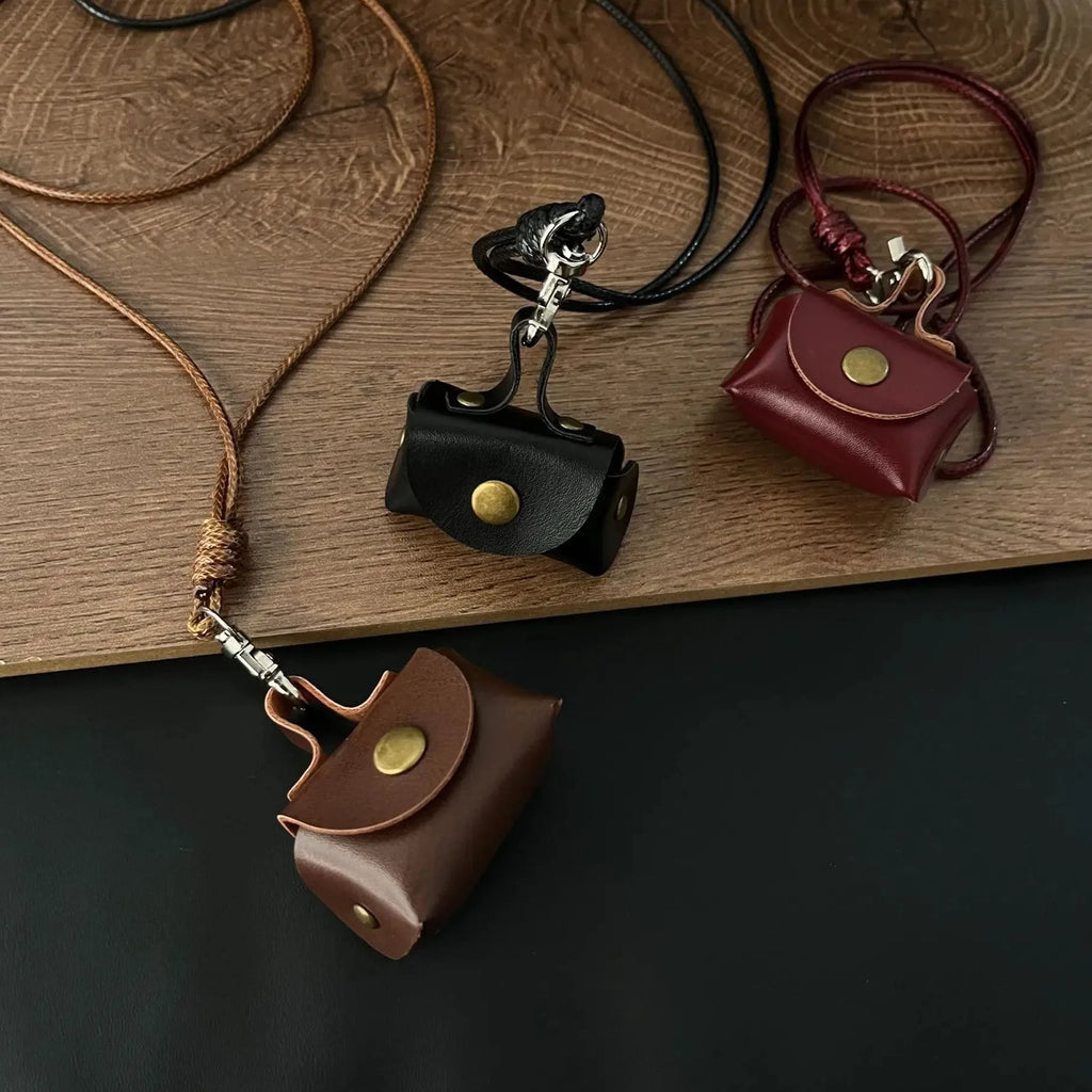 Leather Hanging Neck Coin Purse Pendant Necklace with Long Chain for Women
