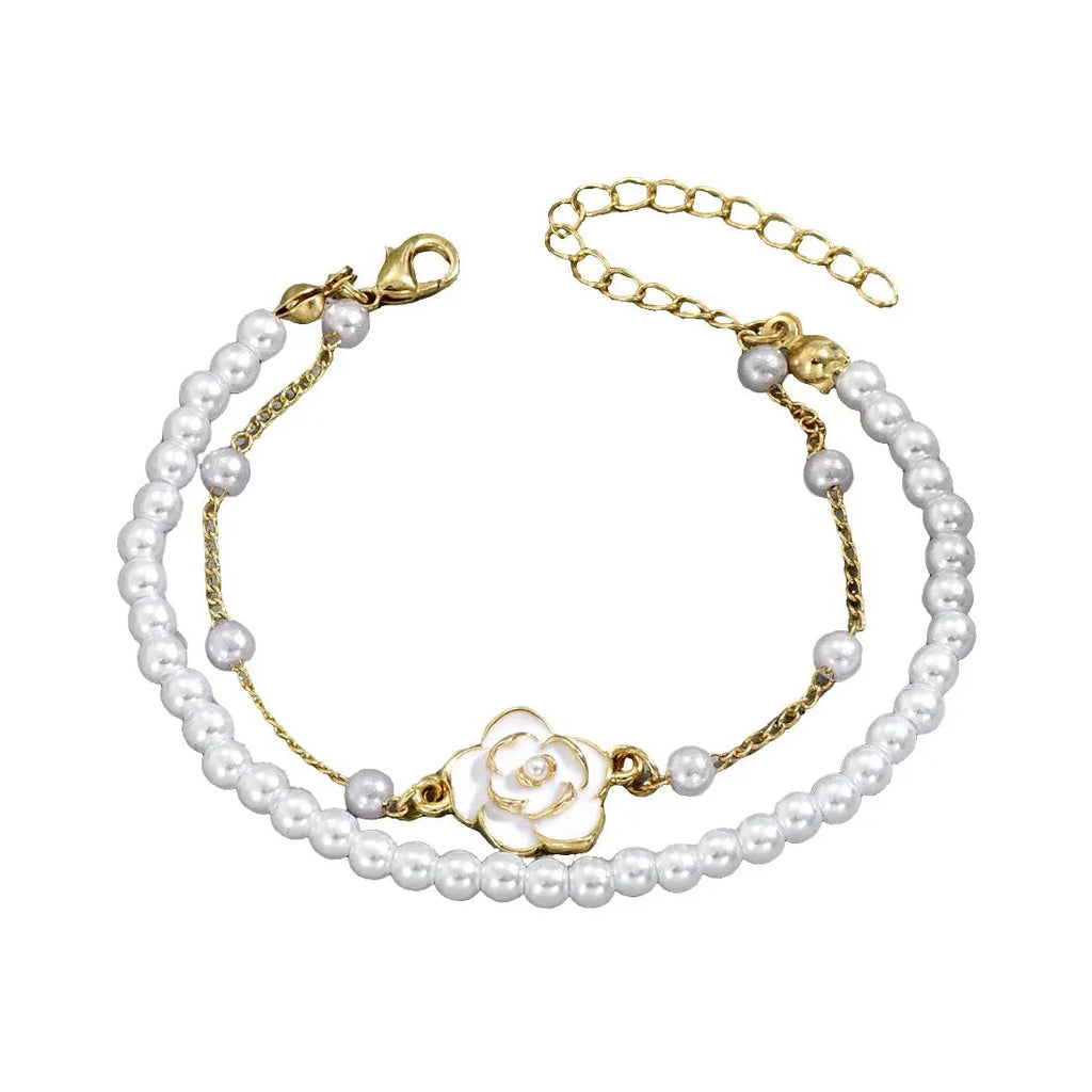 Vintage Double Layer Imitation Pearl Bracelet Featuring White Camellia Flower for Women