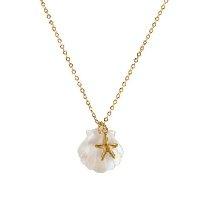 Boho White Shell Pendant Necklace Gold Stainless Steel Sea Turtle Star Choker