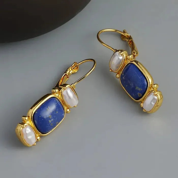 Vintage Handmade Curved Inlaid Blue Faux Gemstone Resin Earrings for Women