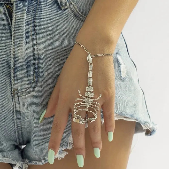 Vintage Punk Gothic Scorpion Chain Ring and Bracelet Set Jewelry for Women Men