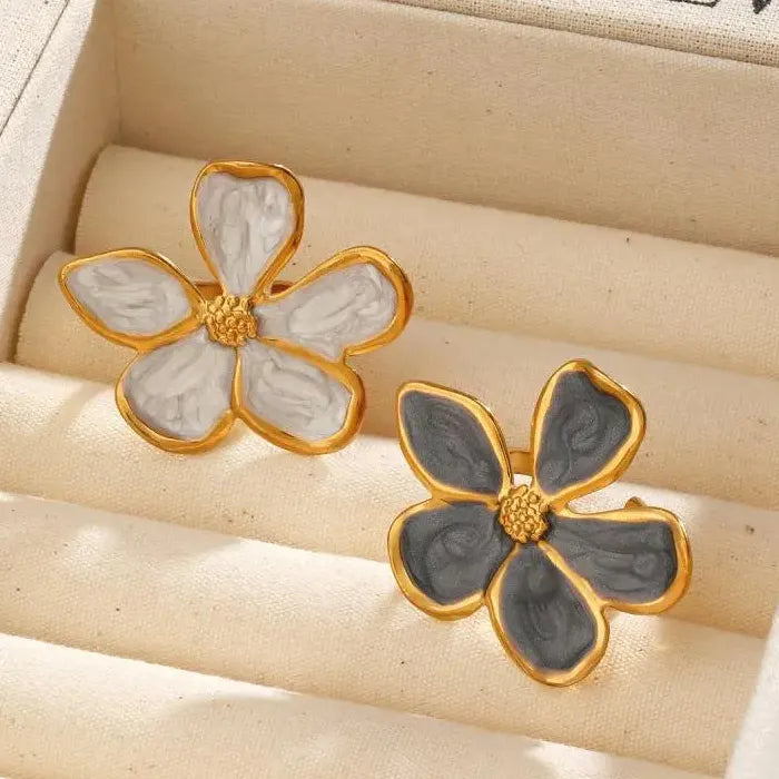 Vintage Stainless Steel Big Bloom Flower Cocktail Ring Black White Drip Oil