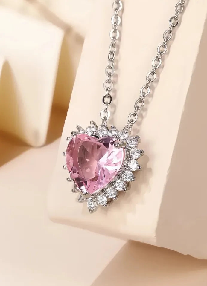 Pink Heart CZ Pendant Necklace Romantic Wedding Engagement Gift Jewelry