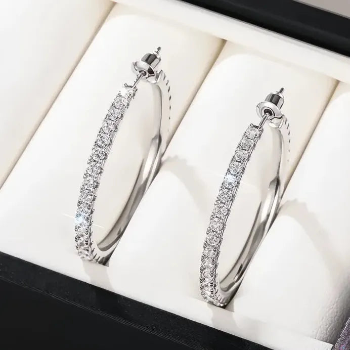 Elegant Women's Silver Geometric Hoop Earrings with Cubic Zirconia Sparkle