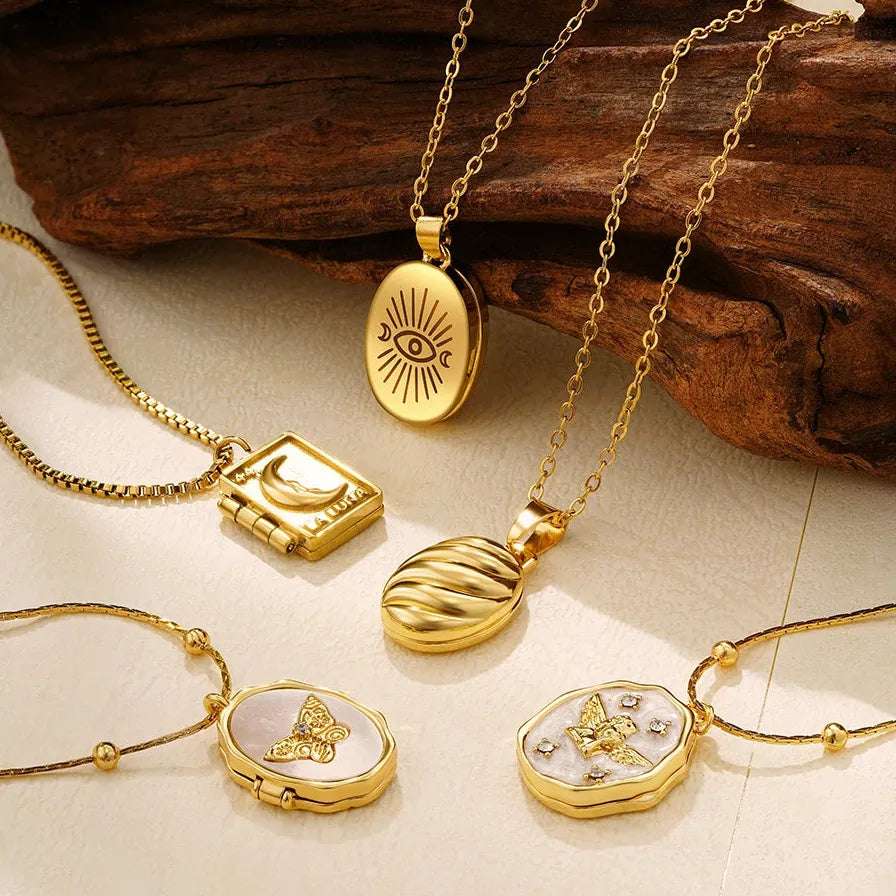 Stainless Steel Openable Photo Frame Pendant Necklace White Shell Butterfly Angel Choker Gift