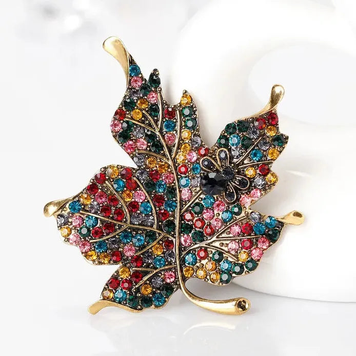 Vintage Multi-Color Rhinestone Crystal Maple Leaf Brooch Pin for Women