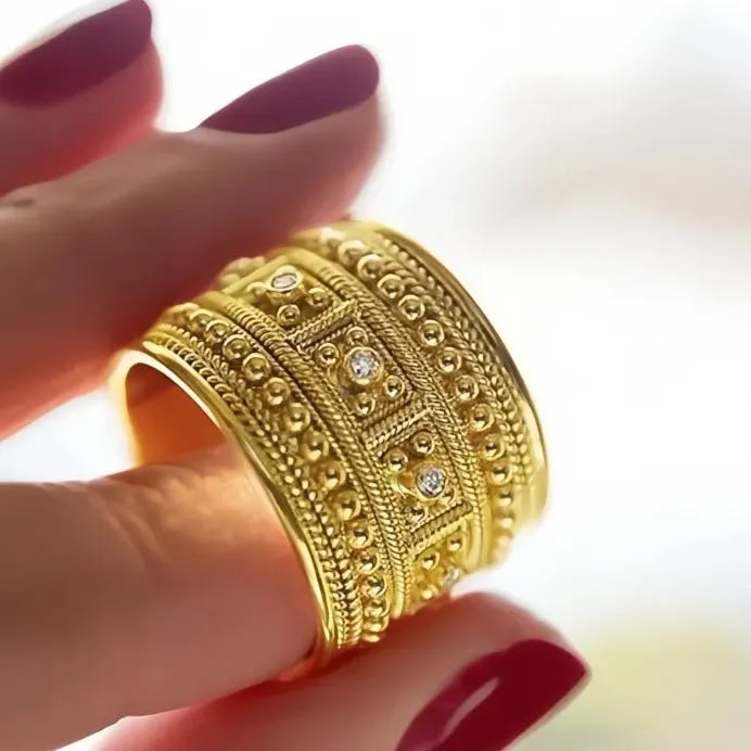 Luxury Geometric Wide Band Cubic Zirconia Gold Wedding Ring for Women