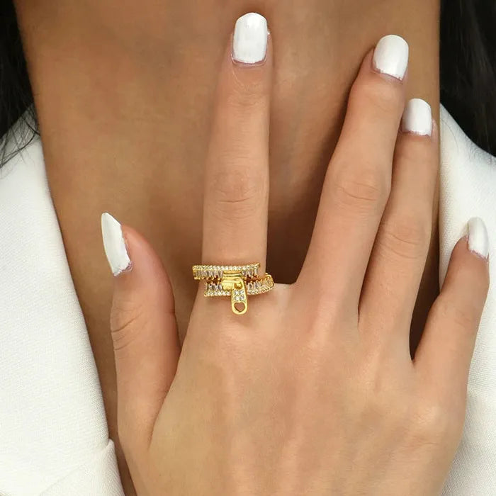 Copper Metal Zipper Open Ring Featuring Zircon Crystal for Women Personality