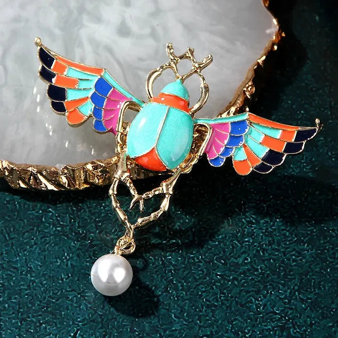Vintage Winged Scarab Brooch Egyptian Revival Beetle Pin Pearl Accessory