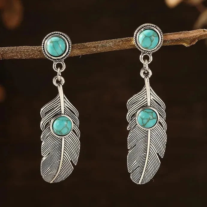 Antique Silver Ethnic Leaf Wing Earrings with Turquoise Inlay Zinc Alloy Gift