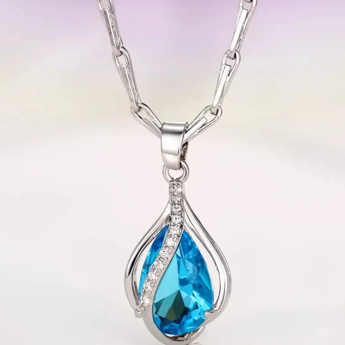 Sky Blue Water Drop Cubic Zirconia Copper Pendant Necklace for Women Wedding