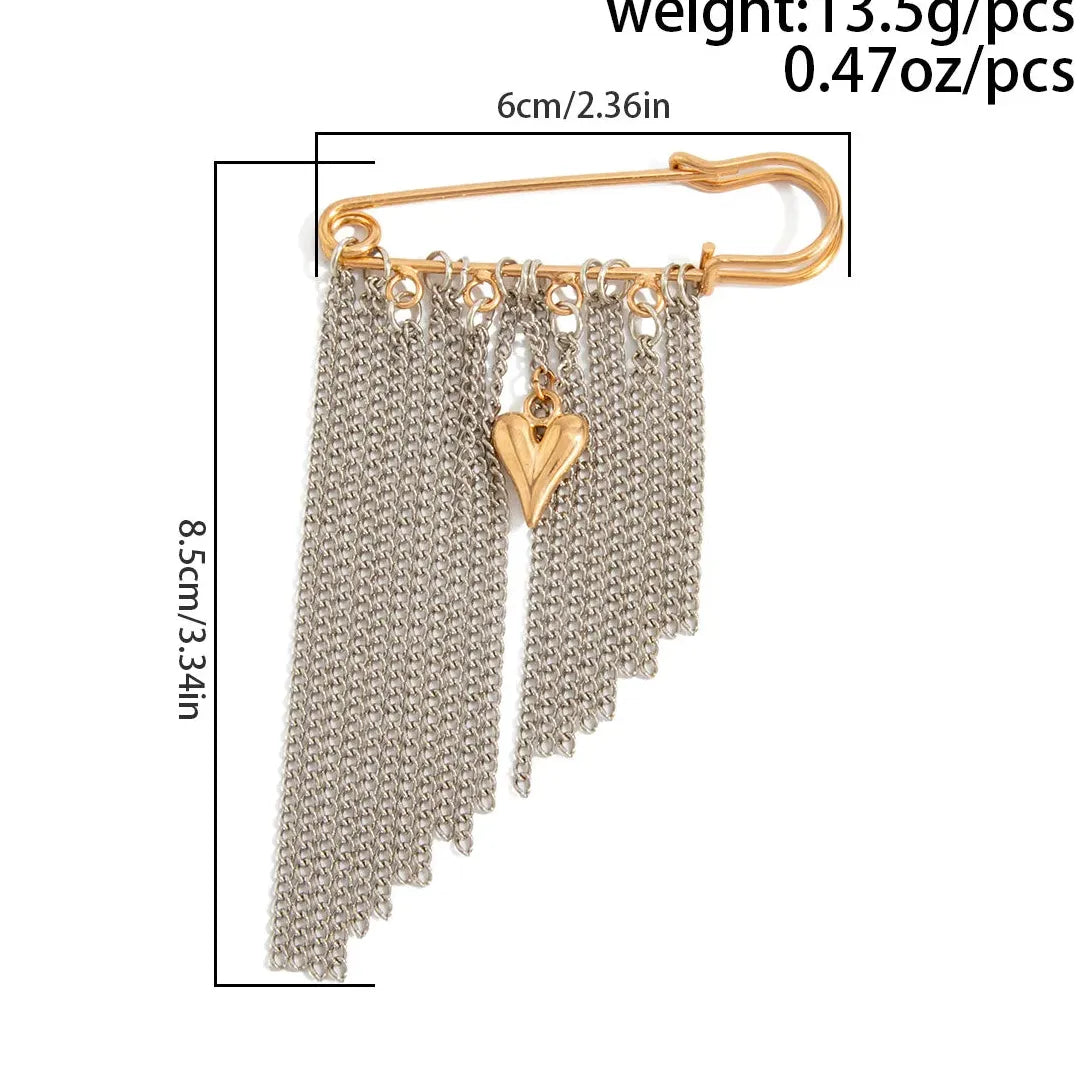 Gold Heart Pendant Brooch Pin with Multi-Layer Tassels for Women Zinc Alloy