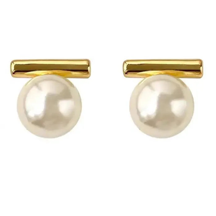 Korean Simple Round Metal Pearl Stud Earrings for Women Gift Jewelry