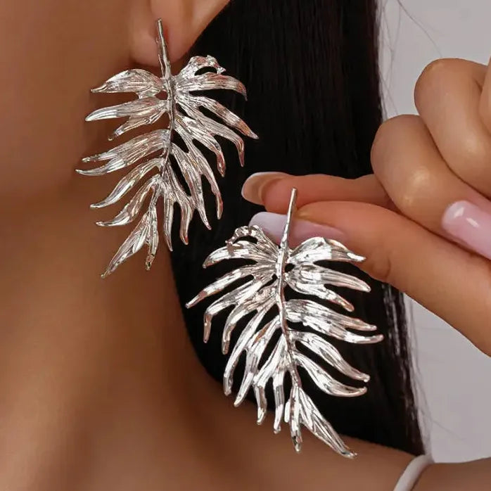 Vintage Large Leaf Drop Earrings for Women Gold Silver Plant Jewelry