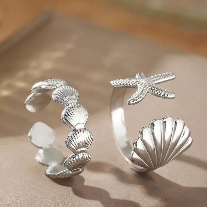 Adjustable Stainless Steel Sea Star Shell Ring Vintage Gold for Women Men Jewelry