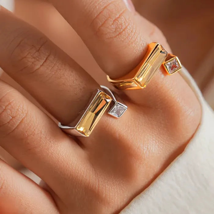 Copper Adjustable Square Rhinestone Ring for Women Men Banquet Jewelry Gift
