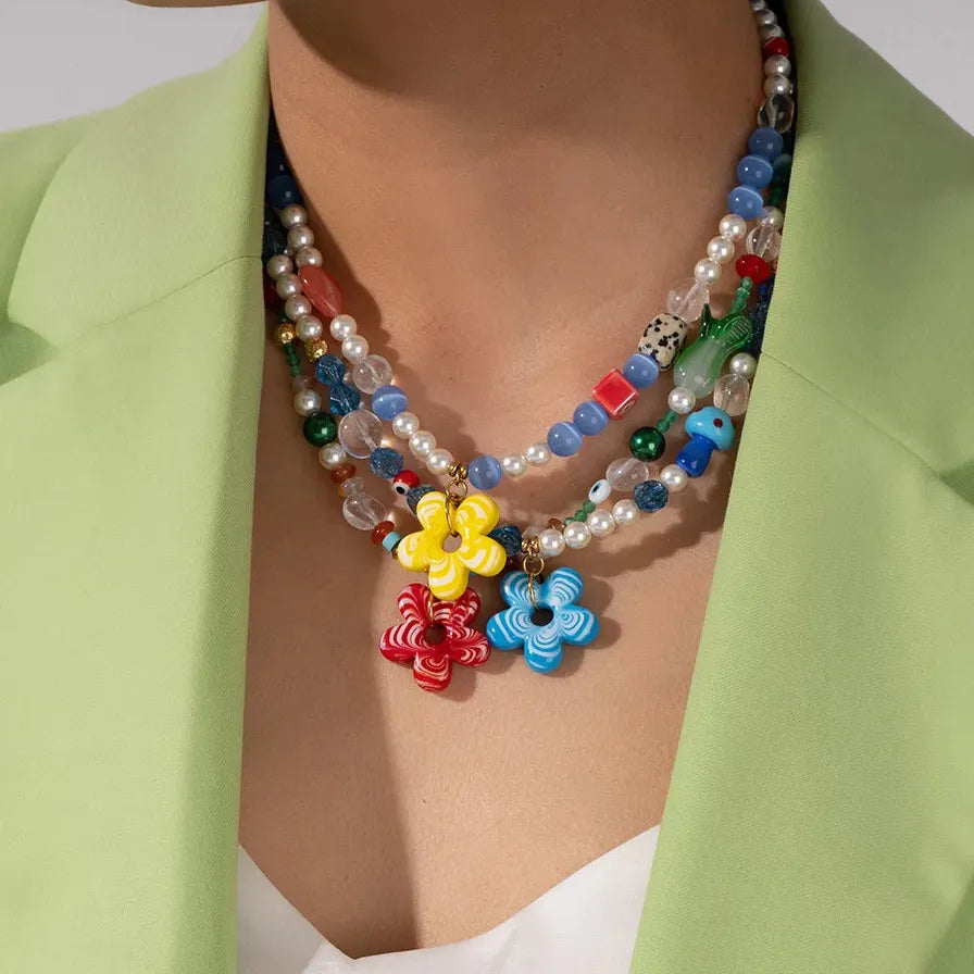 Handmade Summer Multicolor Flower Pearl Beaded Choker Necklace Elegant